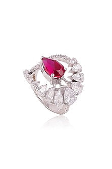 White Finish Pear Cubic Zirconia & Red Stone Ring In Sterling Silver