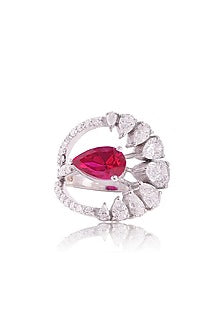 White Finish Pear Cubic Zirconia & Red Stone Ring In Sterling Silver