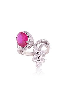 White Finish Imported Cubic Zirconia & Red Stone Ring In Sterling Silver