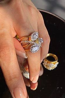 Gold Finish Marquise & Pear-Cut Imported Cubic Zirconia Ring In Sterling Silver