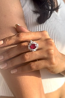 White Finish Oval Cubic Zirconia & Pear-Cut Red Stone Ring In Sterling Silver