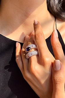 Rose Gold Finish Cubic Zirconia & Blue Stone Ring In Sterling Silver