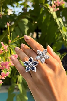 White Finish Pear-Cut Cubic Zirconia & Blue Stone Floral Ring In Sterling Silver