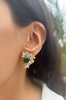 White Finish Fancy-Cut Cubic Zirconia & Emerald-Cut Green Stone Stud Earrings In Sterling Silver