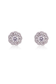 White Finish Imported Cubic Zirconia Floral Stud Earrings In Sterling Silver