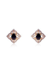 Gold Finish Marquise-Cut Cubic Zirconia & Oval Blue Stone Floral Stud Earrings In Sterling Silver
