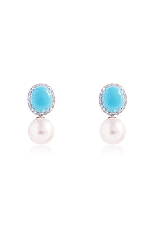Gold Finish Imported Cubic Zirconia & Oval Turquoise Stone Stud Earrings In Sterling Silver