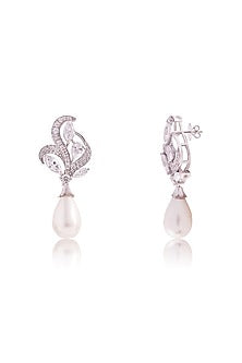 White Finish Imported Cubic Zirconia & Pearl Drop Dangler Earrings In Sterling Silver