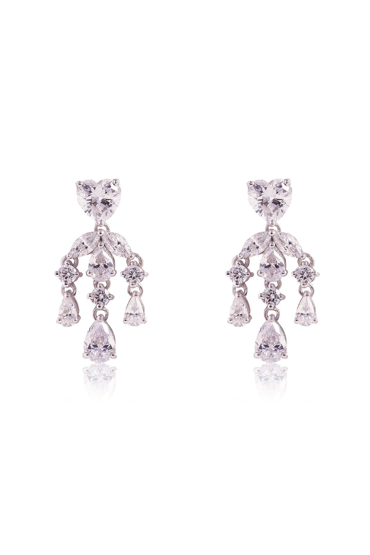 White Finish Heart-Shaped Solitaire & Marquise-Cut Cubic Zirconia Dangler Earrings In Sterling Silver