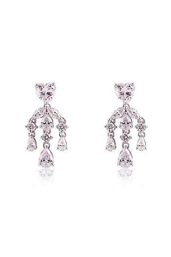 White Finish Heart-Shaped Solitaire & Marquise-Cut Cubic Zirconia Dangler Earrings In Sterling Silver