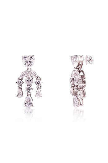 White Finish Heart-Shaped Solitaire & Marquise-Cut Cubic Zirconia Dangler Earrings In Sterling Silver