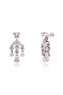 White Finish Heart-Shaped Solitaire & Marquise-Cut Cubic Zirconia Dangler Earrings In Sterling Silver