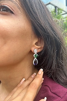 White Finish Oval-Shaped Cubic Zirconia & Blue Pear Drop Stone Dangler Earrings In Sterling Silver