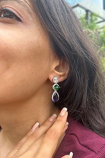 White Finish Oval-Shaped Cubic Zirconia & Blue Pear Drop Stone Dangler Earrings In Sterling Silver