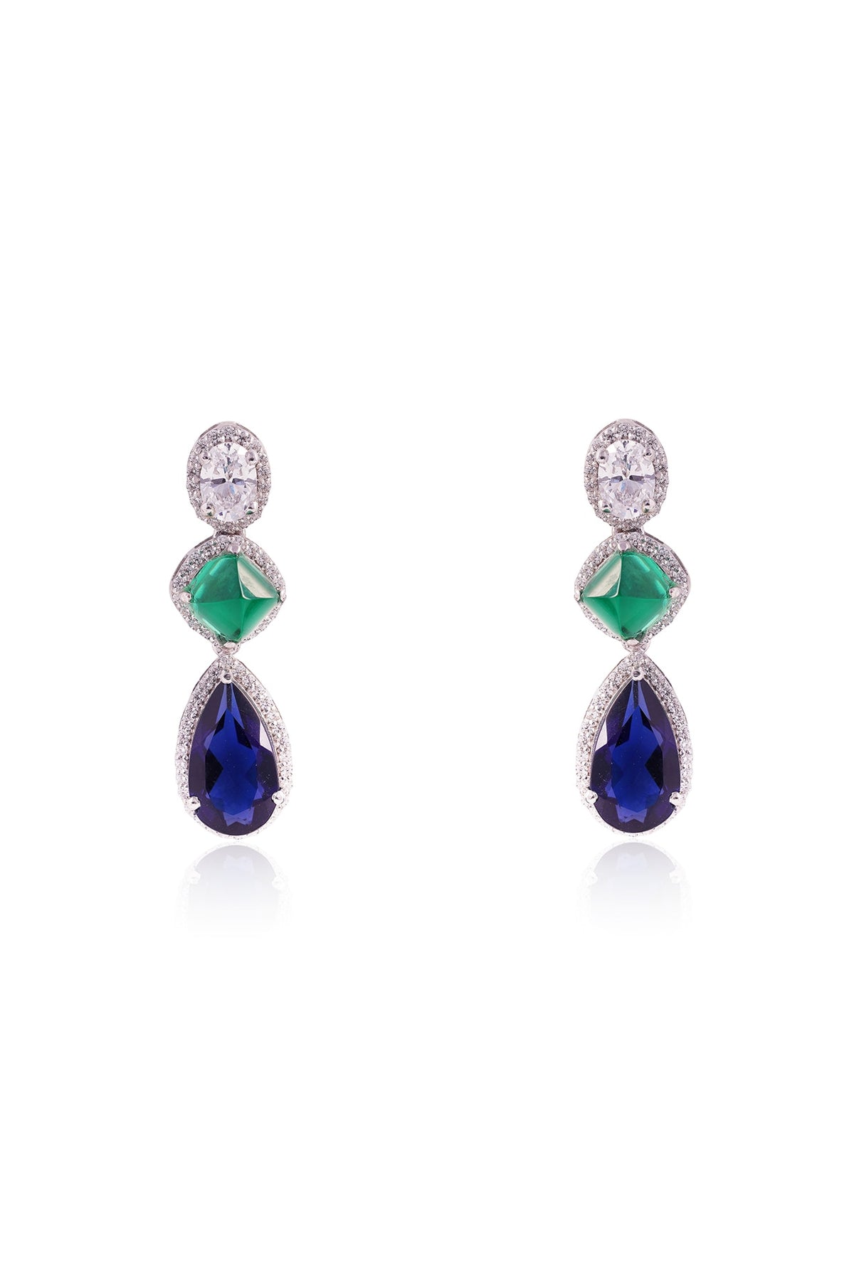White Finish Oval-Shaped Cubic Zirconia & Blue Pear Drop Stone Dangler Earrings In Sterling Silver