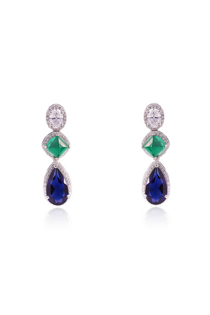 White Finish Oval-Shaped Cubic Zirconia & Blue Pear Drop Stone Dangler Earrings In Sterling Silver