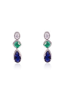 White Finish Oval-Shaped Cubic Zirconia & Blue Pear Drop Stone Dangler Earrings In Sterling Silver
