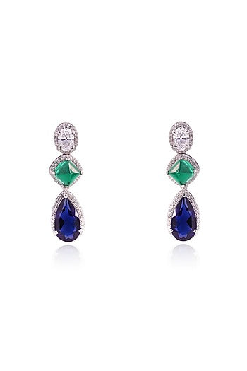 White Finish Oval-Shaped Cubic Zirconia & Blue Pear Drop Stone Dangler Earrings In Sterling Silver