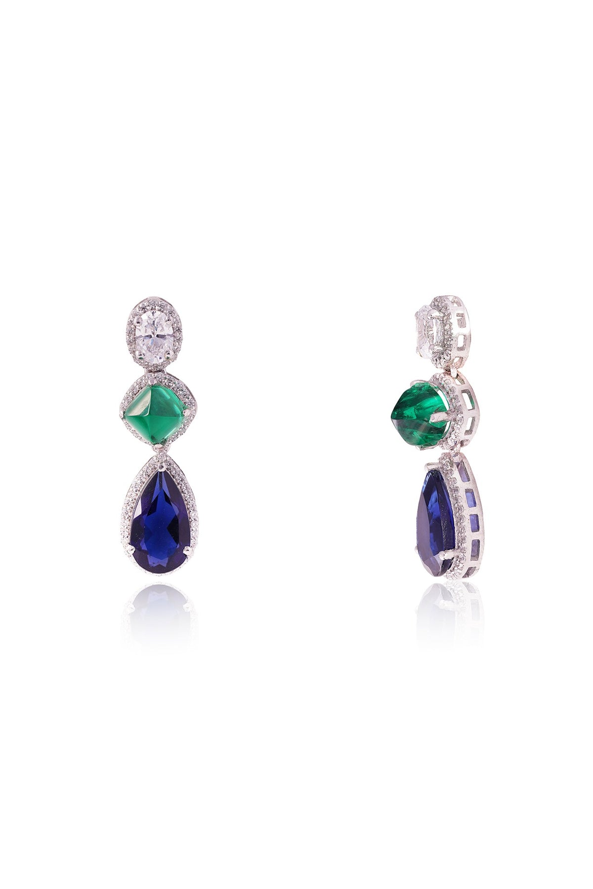 White Finish Oval-Shaped Cubic Zirconia & Blue Pear Drop Stone Dangler Earrings In Sterling Silver