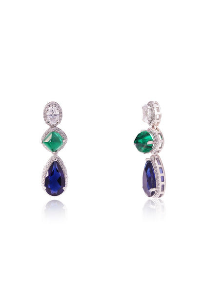 White Finish Oval-Shaped Cubic Zirconia & Blue Pear Drop Stone Dangler Earrings In Sterling Silver