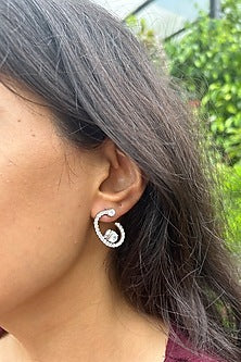 White Finish Round & Oval-Cut Cubic Zirconia C-Shaped Stud Earrings In Sterling Silver