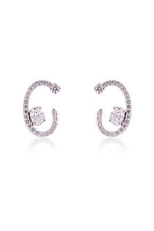 White Finish Round & Oval-Cut Cubic Zirconia C-Shaped Stud Earrings In Sterling Silver