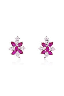 White Finish Fancy-Cut Cubic Zirconia & Pear-Cut Ruby Stone Stud Earrings In Sterling Silver