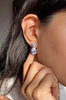 White Finish Solitaire Cubic Zirconia Detachable Teardrop Earrings In Sterling Silver