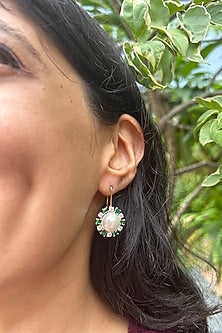 Gold Finish Imported Cubic Zirconia & Green Stone Dangler Earrings In Sterling Silver