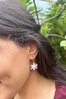 Gold Finish Imported Cubic Zirconia & Red Stone Dangler Earrings In Sterling Silver