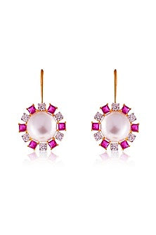 Gold Finish Imported Cubic Zirconia & Red Stone Dangler Earrings In Sterling Silver