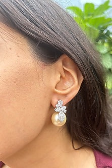 White Finish Fancy-Cut Cubic Zirconia & Round Pearl Floral Stud Earrings In Sterling Silver