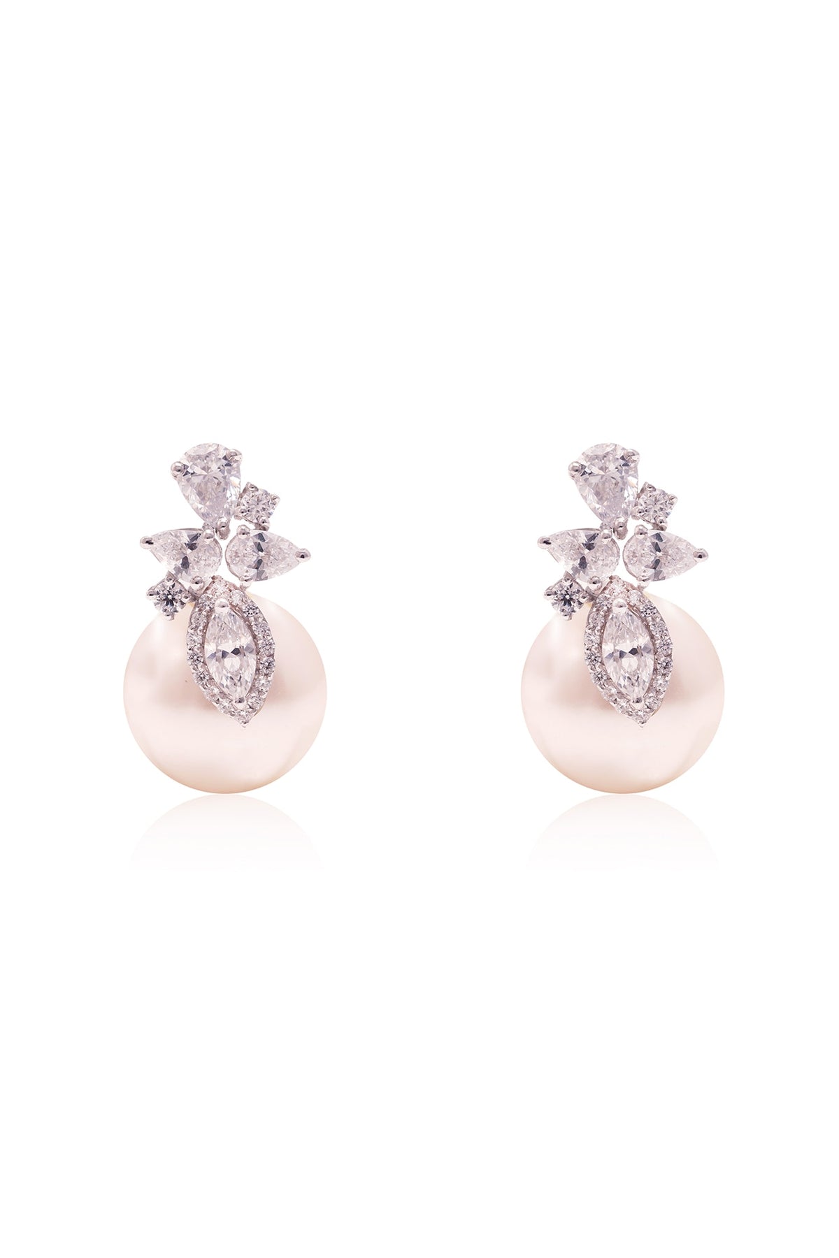 White Finish Fancy-Cut Cubic Zirconia & Round Pearl Floral Stud Earrings In Sterling Silver