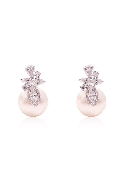 White Finish Fancy-Cut Cubic Zirconia & Round Pearl Floral Stud Earrings In Sterling Silver