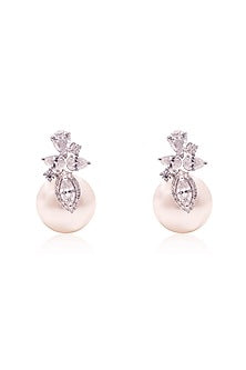 White Finish Fancy-Cut Cubic Zirconia & Round Pearl Floral Stud Earrings In Sterling Silver