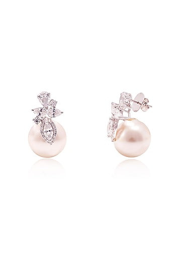 White Finish Fancy-Cut Cubic Zirconia & Round Pearl Floral Stud Earrings In Sterling Silver