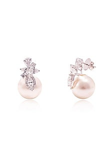 White Finish Fancy-Cut Cubic Zirconia & Round Pearl Floral Stud Earrings In Sterling Silver