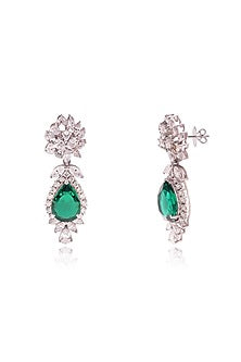White Finish Fancy-Cut Cubic Zirconia & Pear-Cut Emerald Green Drop Dangler Earrings In Sterling Silver