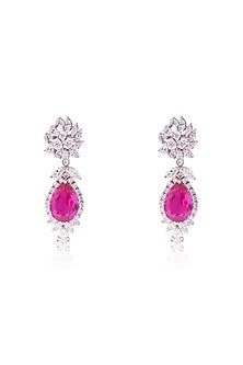 White Finish Cubic Zirconia & Fancy-Cut Pinkish Red Stone Dangler Earrings In Sterling Silver