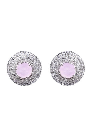 White Finish Pink Cubic Zirconia Stud Earrings In Sterling Silver