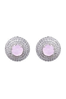 White Finish Pink Cubic Zirconia Stud Earrings In Sterling Silver
