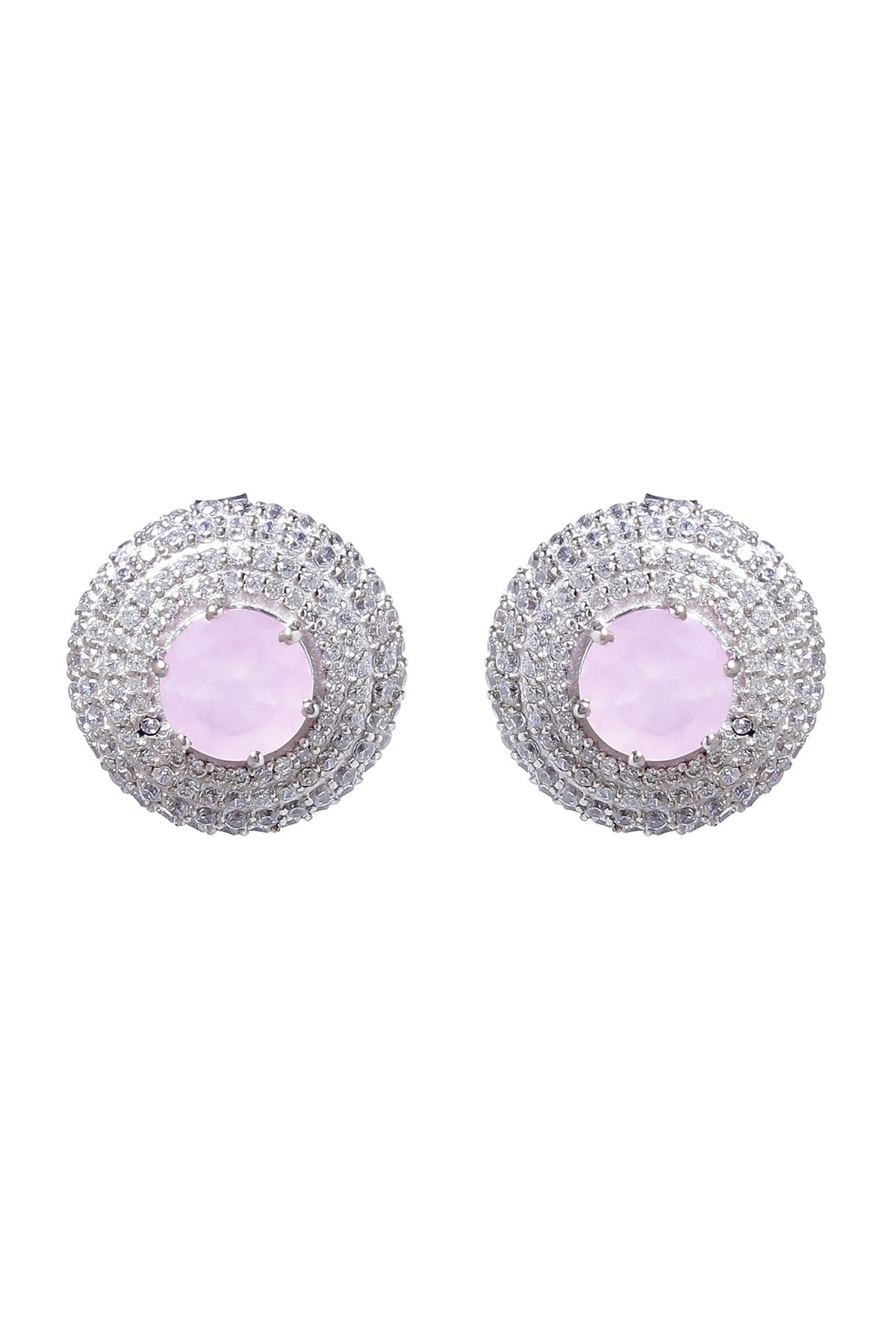 White Finish Pink Cubic Zirconia Stud Earrings In Sterling Silver