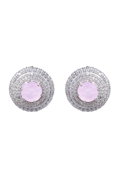 White Finish Pink Cubic Zirconia Stud Earrings In Sterling Silver