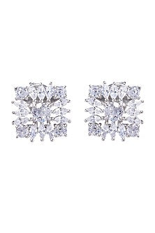 White Finish Stud Earrings With Cubic Zirconia In Sterling Silver