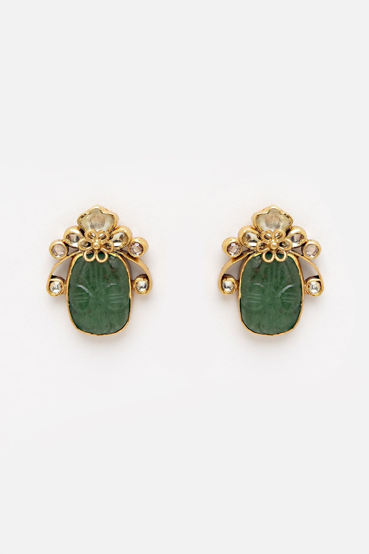 Gold Finish Carved Green Onyx Stud Earrings In Sterling Silver