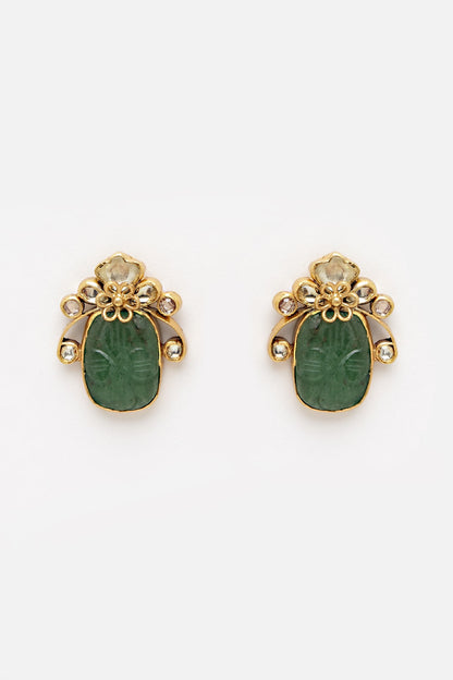 Gold Finish Carved Green Onyx Stud Earrings In Sterling Silver