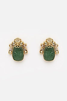 Gold Finish Carved Green Onyx Stud Earrings In Sterling Silver