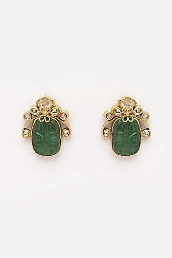 Gold Finish Carved Green Onyx Stud Earrings In Sterling Silver