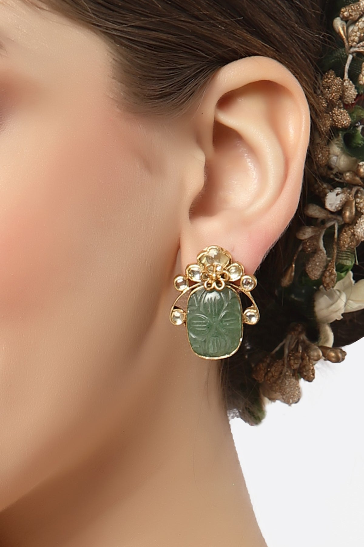 Gold Finish Carved Green Onyx Stud Earrings In Sterling Silver