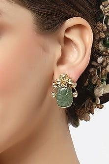 Gold Finish Carved Green Onyx Stud Earrings In Sterling Silver